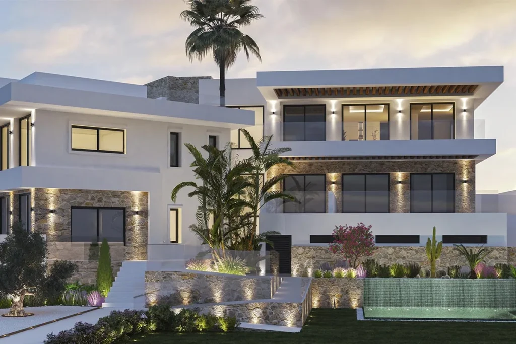 Render exterior al atardecer