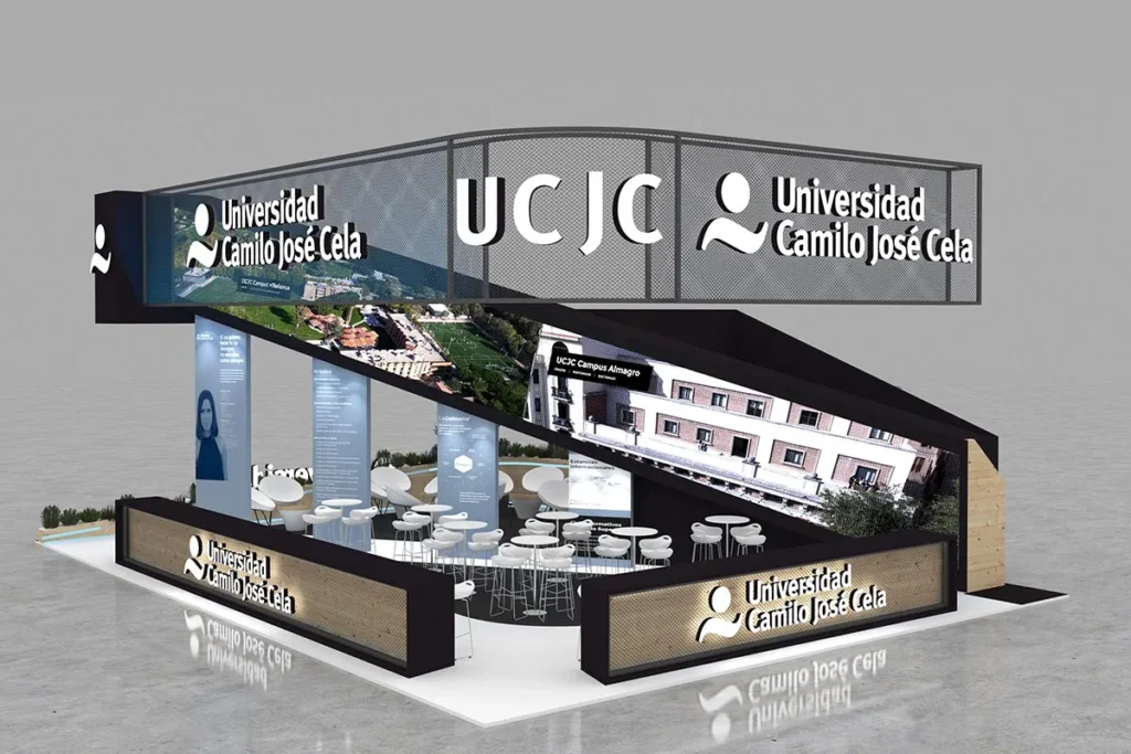 Render frontal y lateral derecho del stand