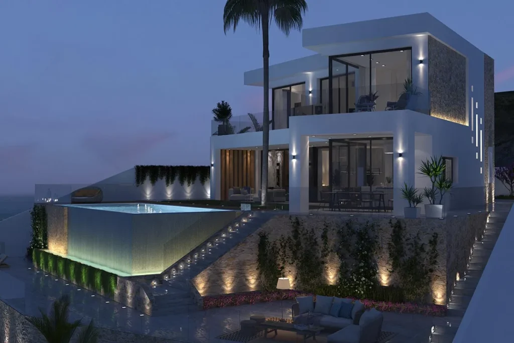 Render nocturno del exterior