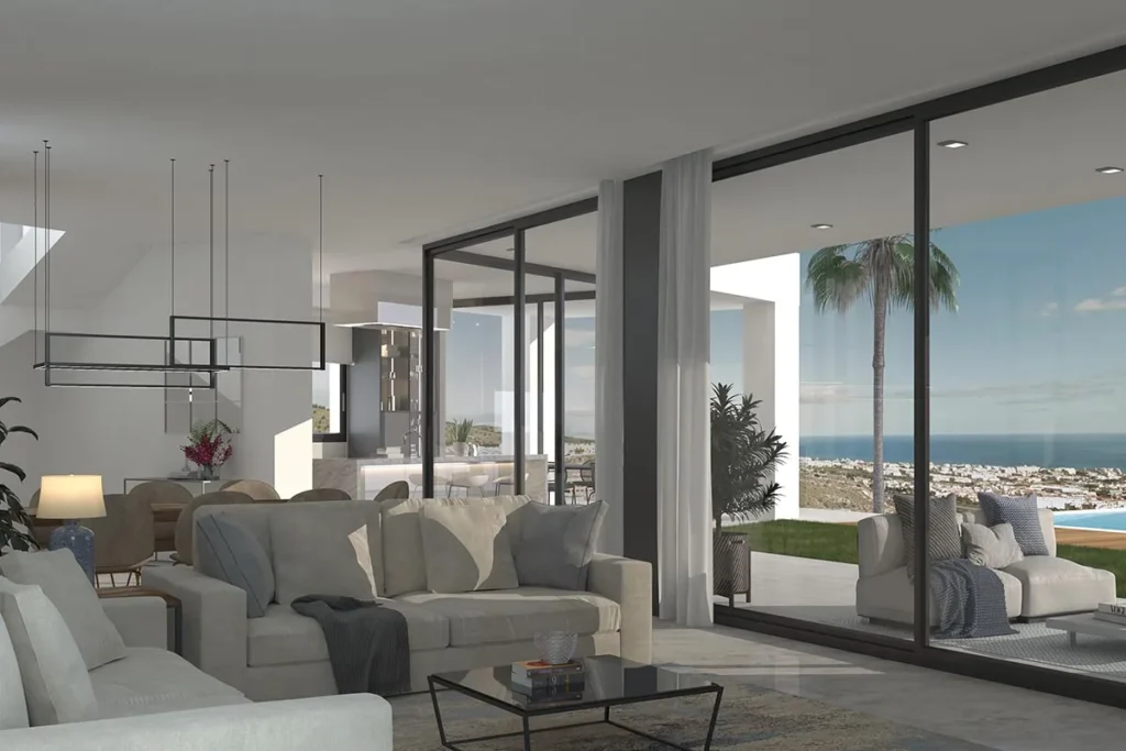 Render salon comedor y cocina al fondo