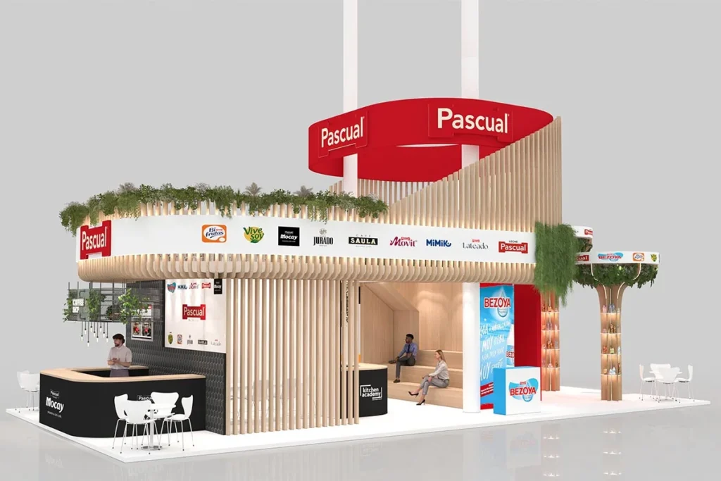 Render vista lateral y frontal del stand